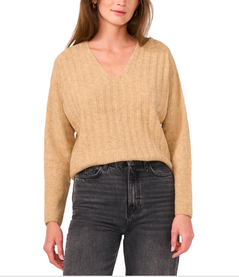 Vince Camuto Women Ribbed V-Neck Dolman Sleeve Sweater Latte Heather Size XL